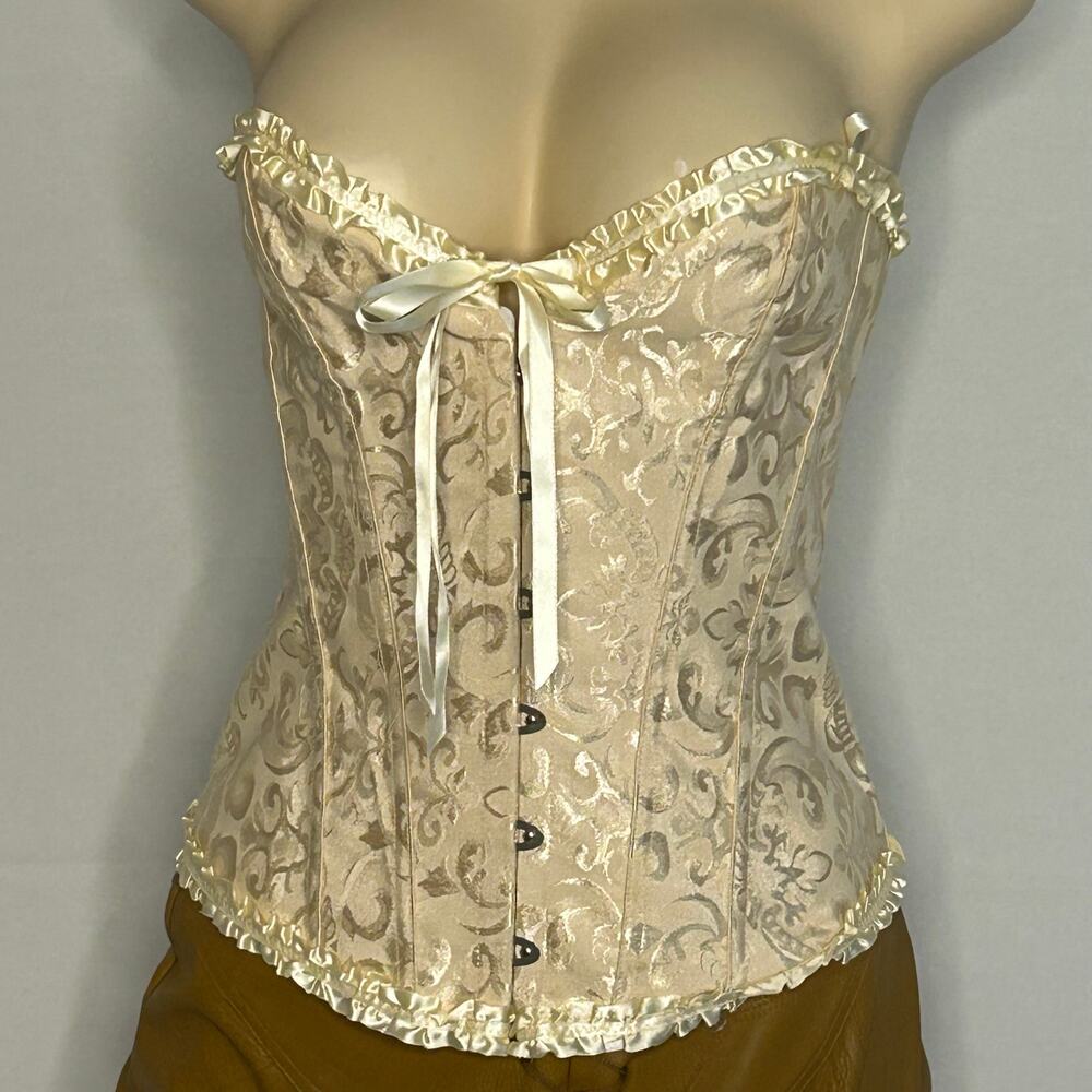 Ivory Lace-Up Boned Corset Bustier Top Size Large Ruffle Trim
